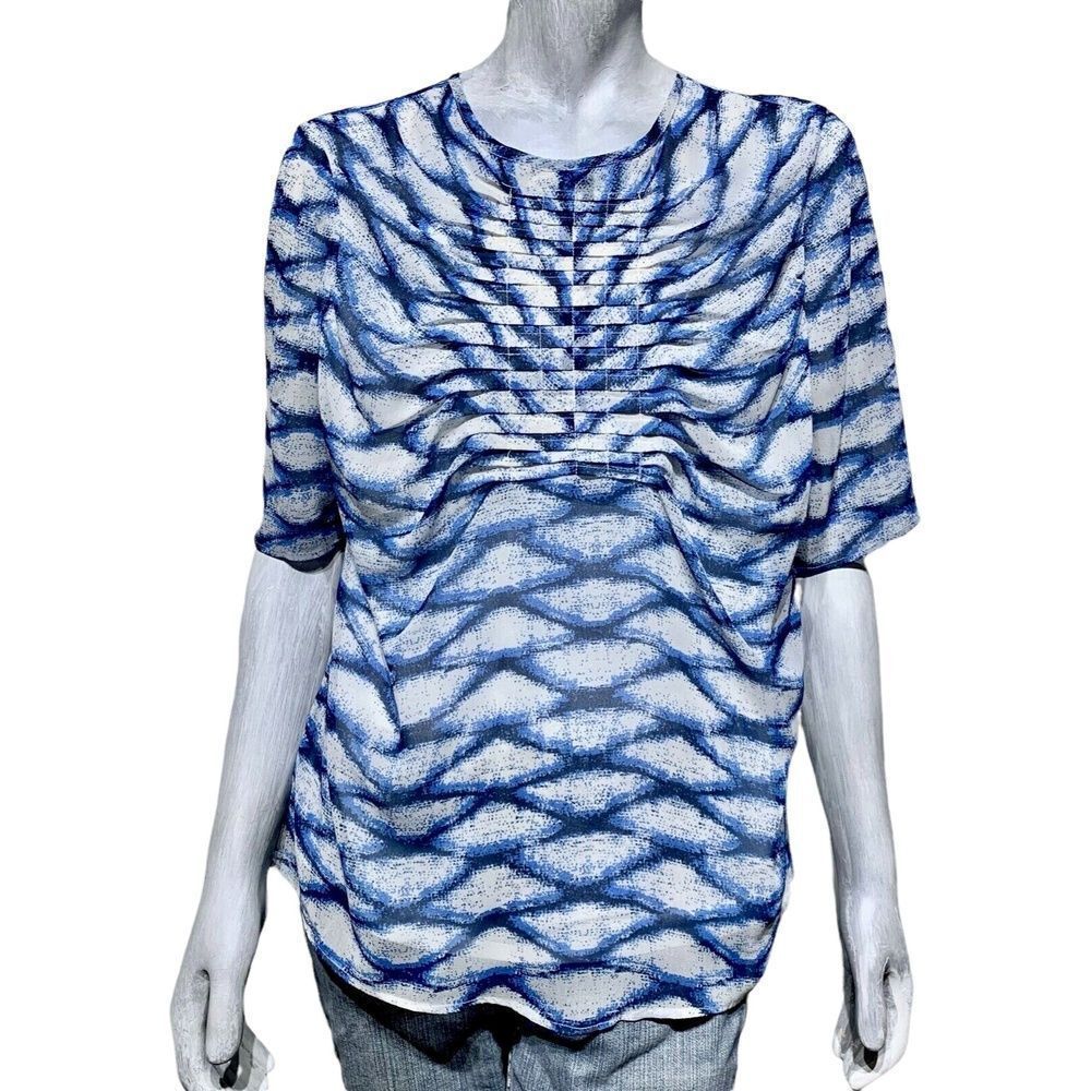 Carmakoma Womens Top Blue White Print Crew Neck Short Sleeve Ruched 12